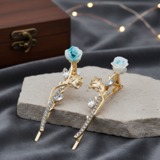 Crystal Rose Hair Clips — Blue Enamel